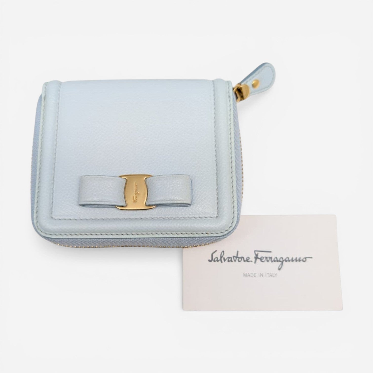 Salvatore Ferragamo Vara 683545 Light Blue Leather Compact Wallet MSRP $595 - THE SOLIST