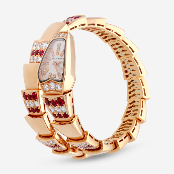 Bulgari Serpenti 18K Rose Gold Diamond and Ruby Quartz Ladies Watch 102048