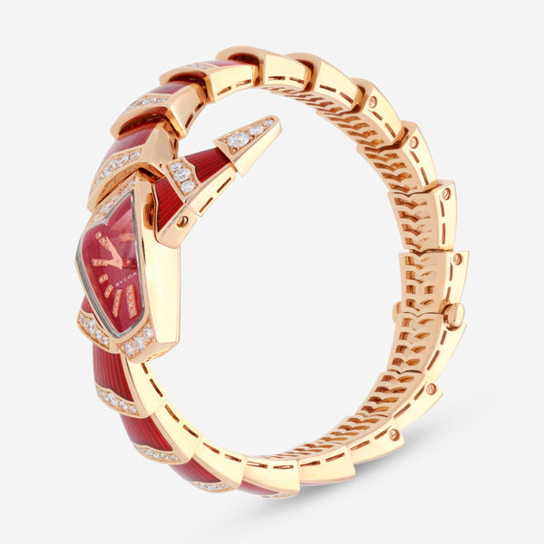 Bulgari Serpenti 18K Rose Gold Diamond Red Lacquer Quartz Ladies Watch 102345