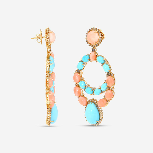 Zydo 18K Rose Gold, Turquoise and Coral Drop Earrings 63970