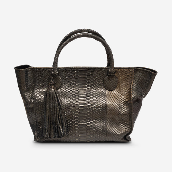 Armenta Gunmetal Python Leather Tote Bag 11253