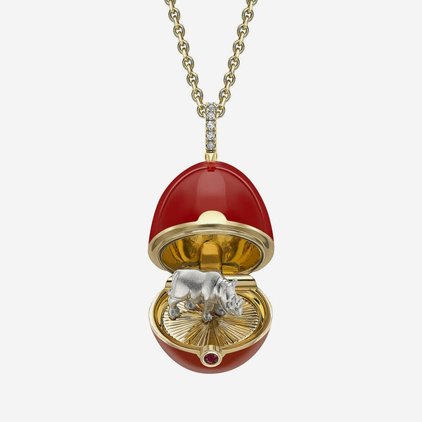 Fabergé Essence 18K Gold, Red Lacquer, Diamond and Mozambique Ruby Rhino Surprise Locket Pendant Necklace 1246FP3032/20