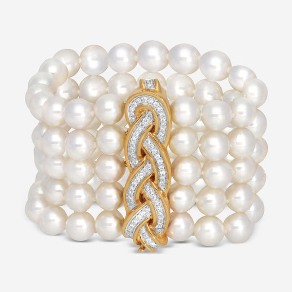 Assael 18K Yellow Gold Pave Woven Five Row Japanese Akoya Cultured Pearl Bracelet ACB0007 - THE SOLIST