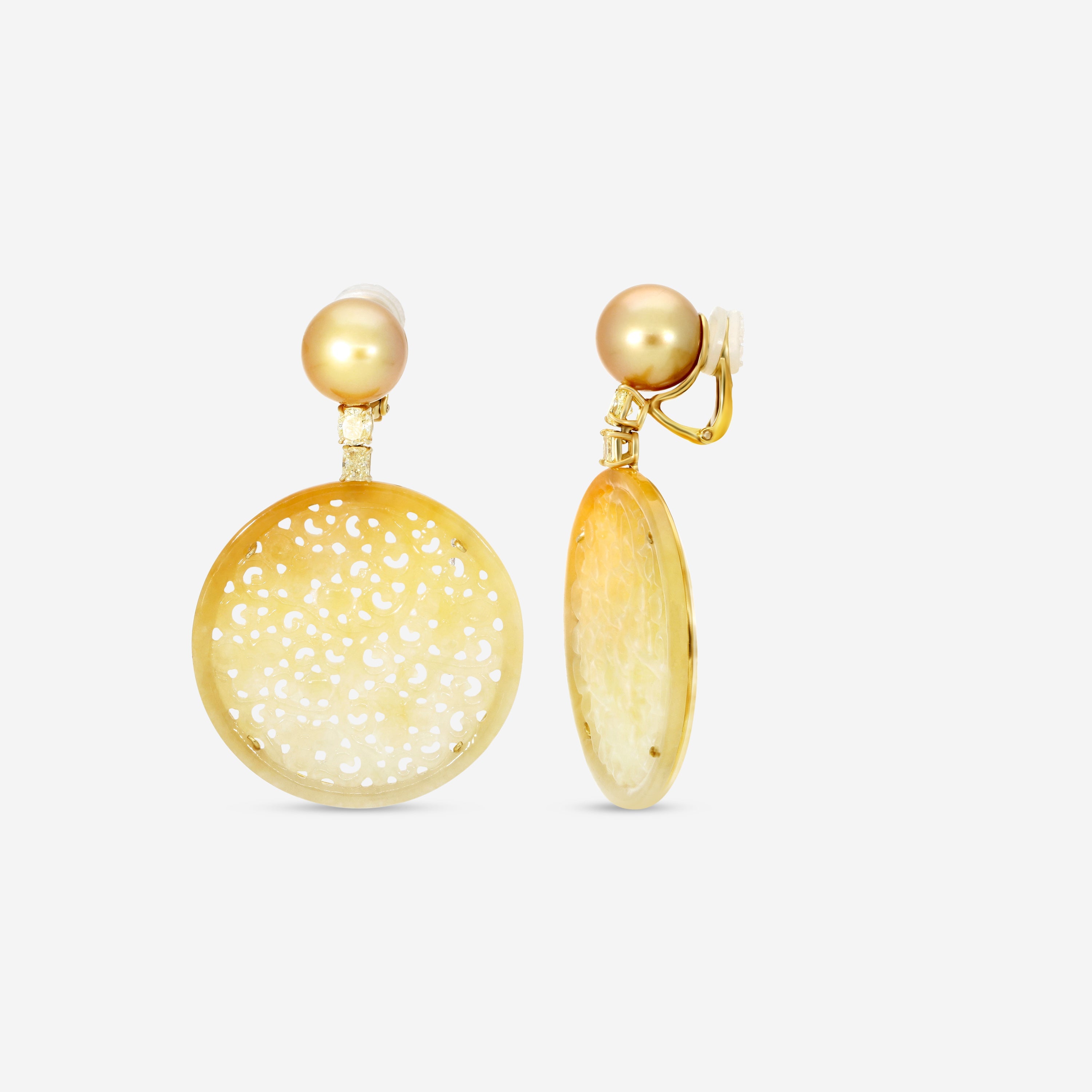 Assael 18K Yellow Gold Fancy Yellow Diamond & Golden South Sea Cultured Pearl Jadeite Earrings ECO-GJD