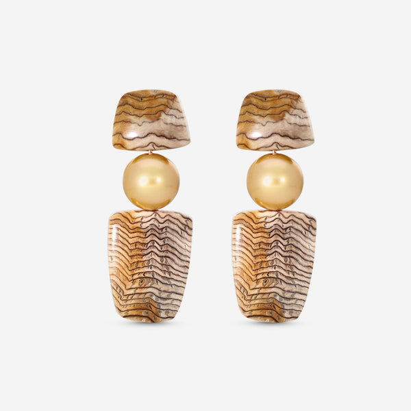 Assael 18K Rose Gold & Golden Oak Petrified Wood Golden South Sea Cultured Pearl Drop Earrings ECO-GPW00003