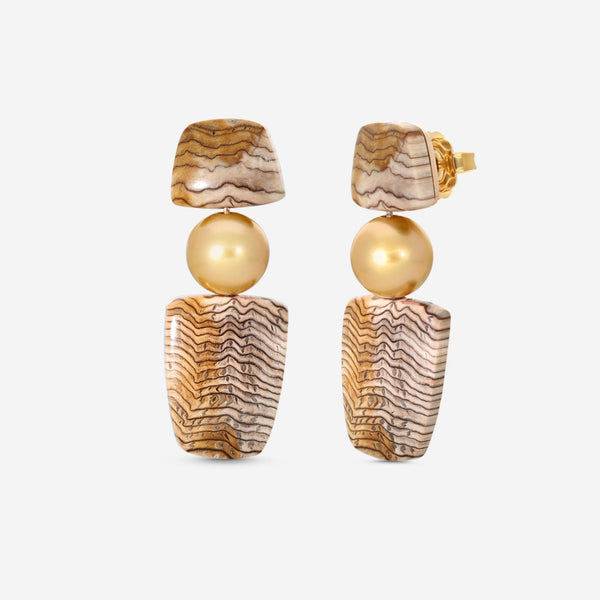 Assael 18K Rose Gold & Golden Oak Petrified Wood Golden South Sea Cultured Pearl Drop Earrings ECO-GPW00003