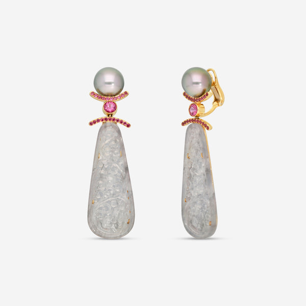 Assael 18K Yellow Gold Grey Jadeite, Rhodolite & Tahitian Natural Cultured Pearl Earrings ECO-TJD0002