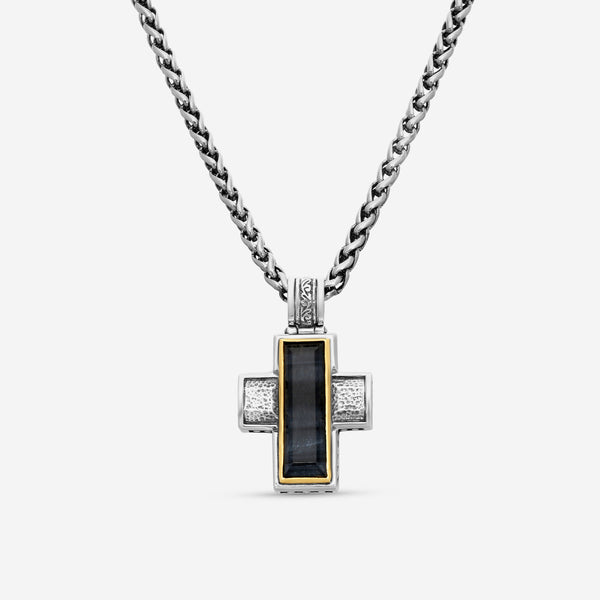 "KONSTANTINO - ""Hephaestus"" Sterling Silver & 18k Yellow Gold, Hawk's Eye Doublet Cross (HKE: 24x7mm) - STKJ375-408-CUT  Pendant Dimensions: 1.50 x 1.00 in. S/S Chain Included:CHKJ6-131-18 (Length - 18in.)" - THE SOLIST