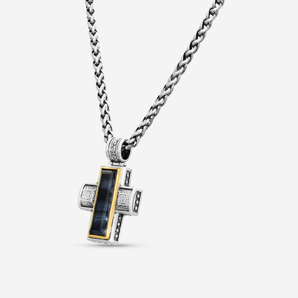 "KONSTANTINO - ""Hephaestus"" Sterling Silver & 18k Yellow Gold, Hawk's Eye Doublet Cross (HKE: 24x7mm) - STKJ375-408-CUT  Pendant Dimensions: 1.50 x 1.00 in. S/S Chain Included:CHKJ6-131-18 (Length - 18in.)" - THE SOLIST