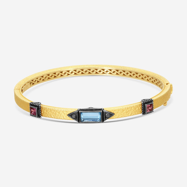 KONSTANTINO - "Callas" (Bangle) - 18K Gold Blk Diamond Swiss Blue Topaz Bracelet - BLK DIA:0.088ctw.; Swiss Blue TOP, Pink Tourmaline - BMK07053-18KT-506 - THE SOLIST