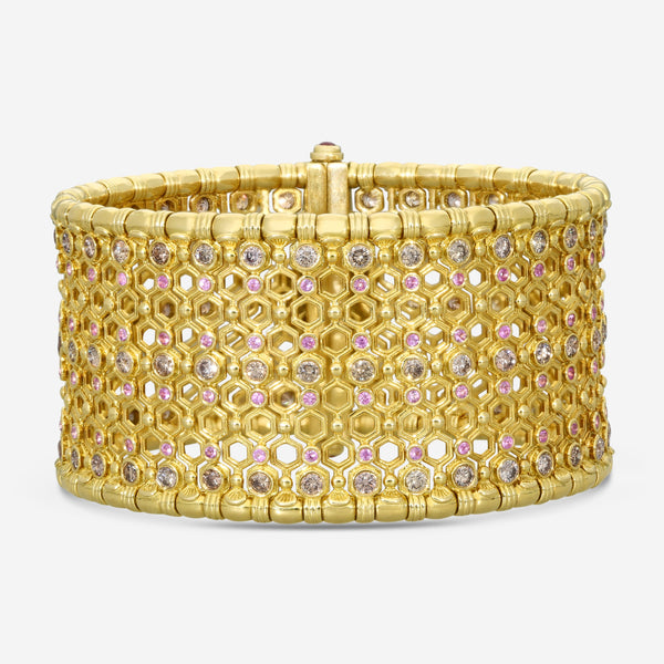 KONSTANTINO - "Melissa" (Cuff) - 18K Gold Bracelet - Brown Diamonds; Pink SAP; Ruby - BMK07045-18KT-425

Length: 7 INCHES
Retail $42,130.00 - THE SOLIST