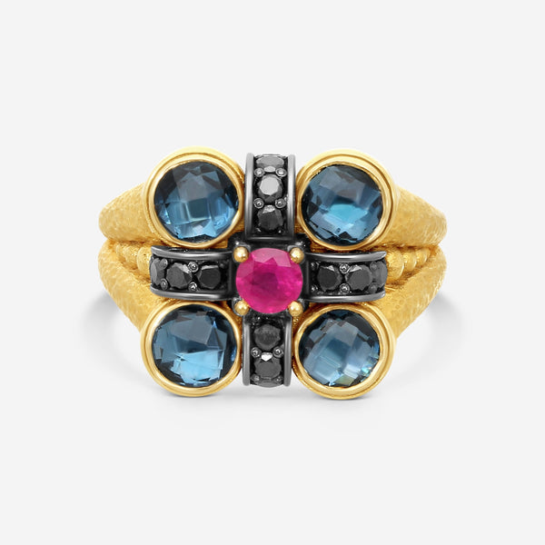 KONSTANTINO - "Callas" 18K Gold Blk Diamond Labradorite Ruby Ring - BLK DIA: 0.44ctw.; Ruby, 0.33ctw.; Swiss Blue TOP: 4.5mm - DMK01152-18KT-521
Retail $5,860.00 - THE SOLIST