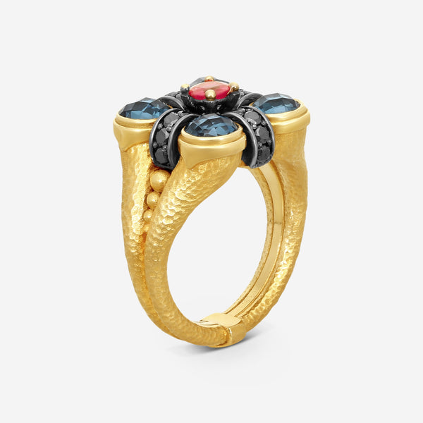 KONSTANTINO - "Callas" 18K Gold Blk Diamond Labradorite Ruby Ring - BLK DIA: 0.44ctw.; Ruby, 0.33ctw.; Swiss Blue TOP: 4.5mm - DMK01152-18KT-521
Retail $5,860.00 - THE SOLIST