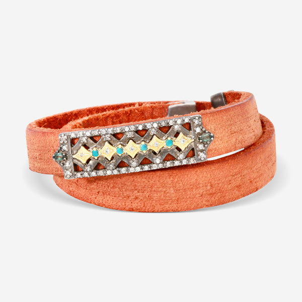 Armenta 18K Yellow Gold, Blackened Sterling Silver & Leather Multistone Double-Wrap Bracelet 15595