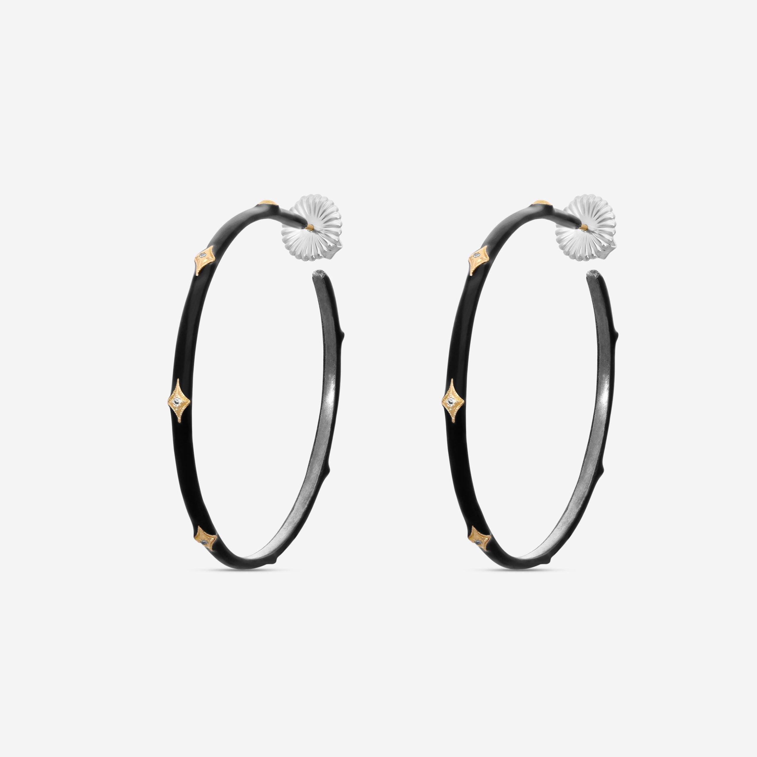 Armenta Rose World 14K Rose Gold & Grey Sterling Silver Black Enamel Champagne Diamond Hoop Earrings 16517