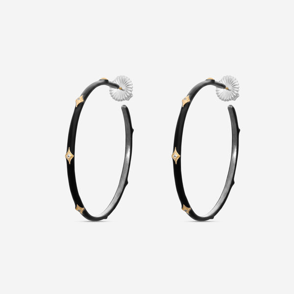 Armenta Rose World 14K Rose Gold & Grey Sterling Silver Black Enamel Champagne Diamond Hoop Earrings 16517