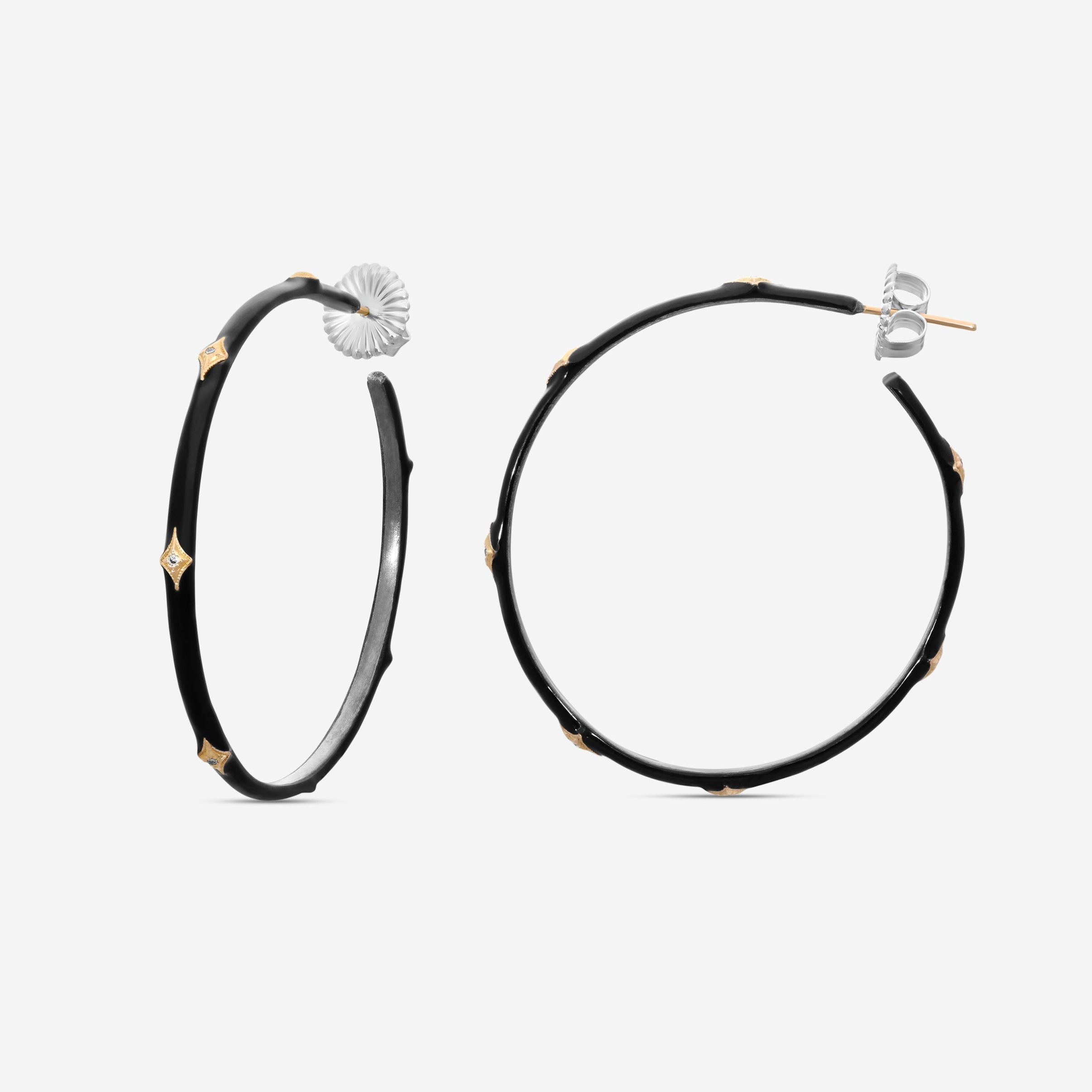 Armenta Rose World 14K Rose Gold & Grey Sterling Silver Black Enamel Champagne Diamond Hoop Earrings 16517