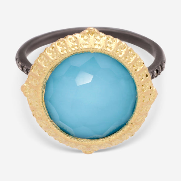 Armenta Blackened Sterling Silver and 18K Yellow Gold, White Quartz Turquoise and Champagne Diamond Statement Ring - THE SOLIST