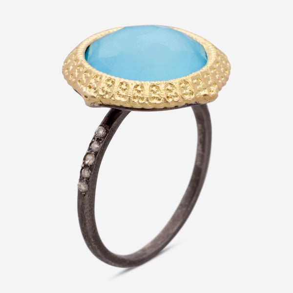 Armenta Blackened Sterling Silver and 18K Yellow Gold, White Quartz Turquoise and Champagne Diamond Statement Ring - THE SOLIST
