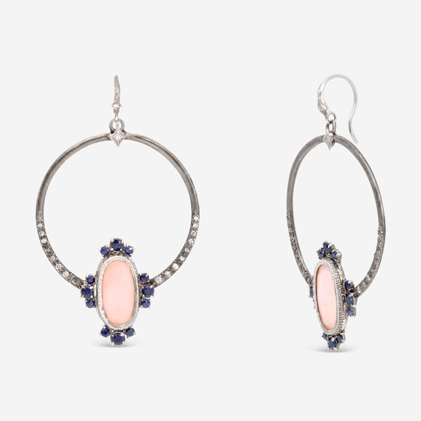 Armenta Sterling Silver and 14K Gold, Peach Mother Of Pearl and Blue Sapphire Hoops Earrings - THE SOLIST