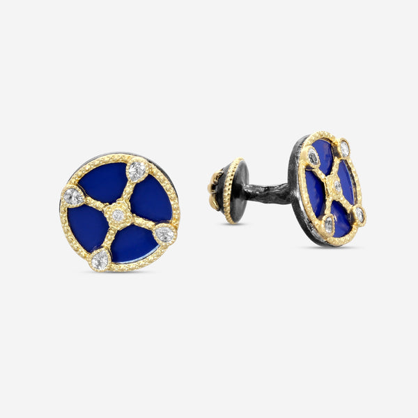 Armenta Romero 18K Yellow Gold, Grey Sterling Silver & Royal Blue Enamel Diamond & White Sapphire Cufflinks 18054