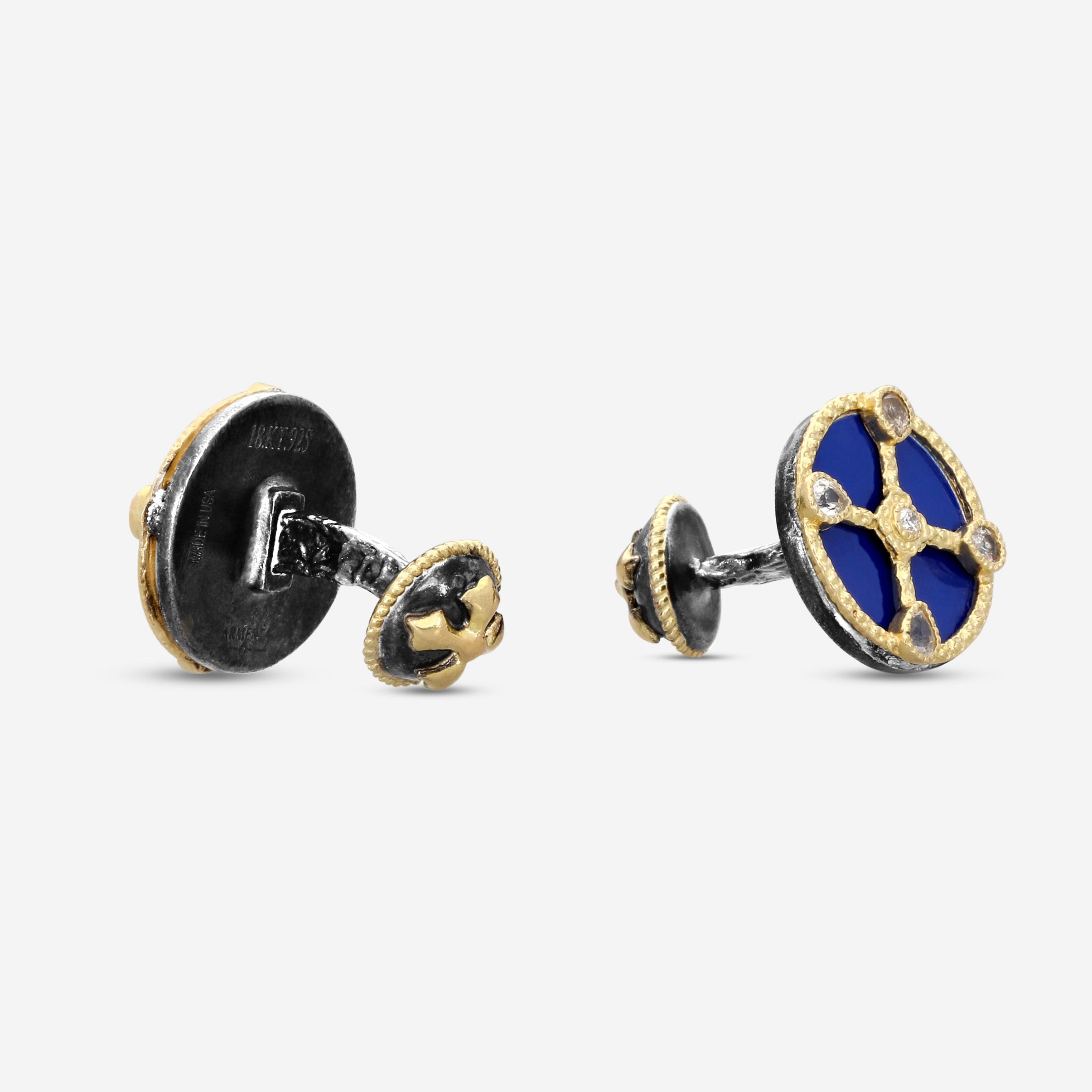 Armenta Romero 18K Yellow Gold, Grey Sterling Silver & Royal Blue Enamel Diamond & White Sapphire Cufflinks 18054