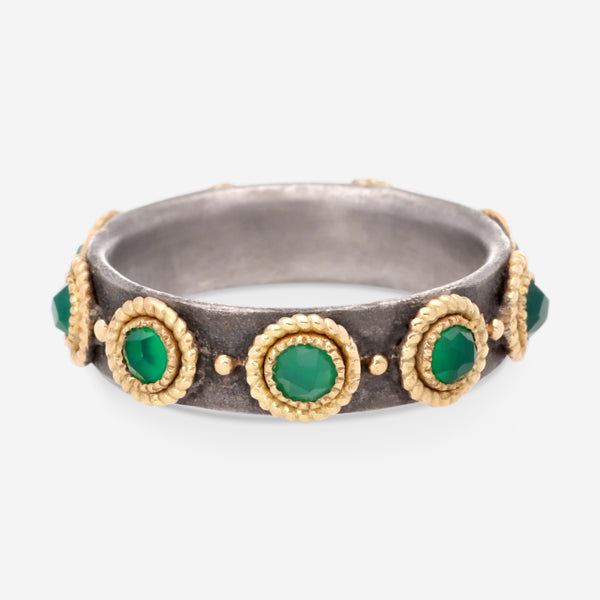 Armenta 18K Yellow Gold and Blackened Sterling Silver, Green Onyx Granulation Stack Band Ring - THE SOLIST