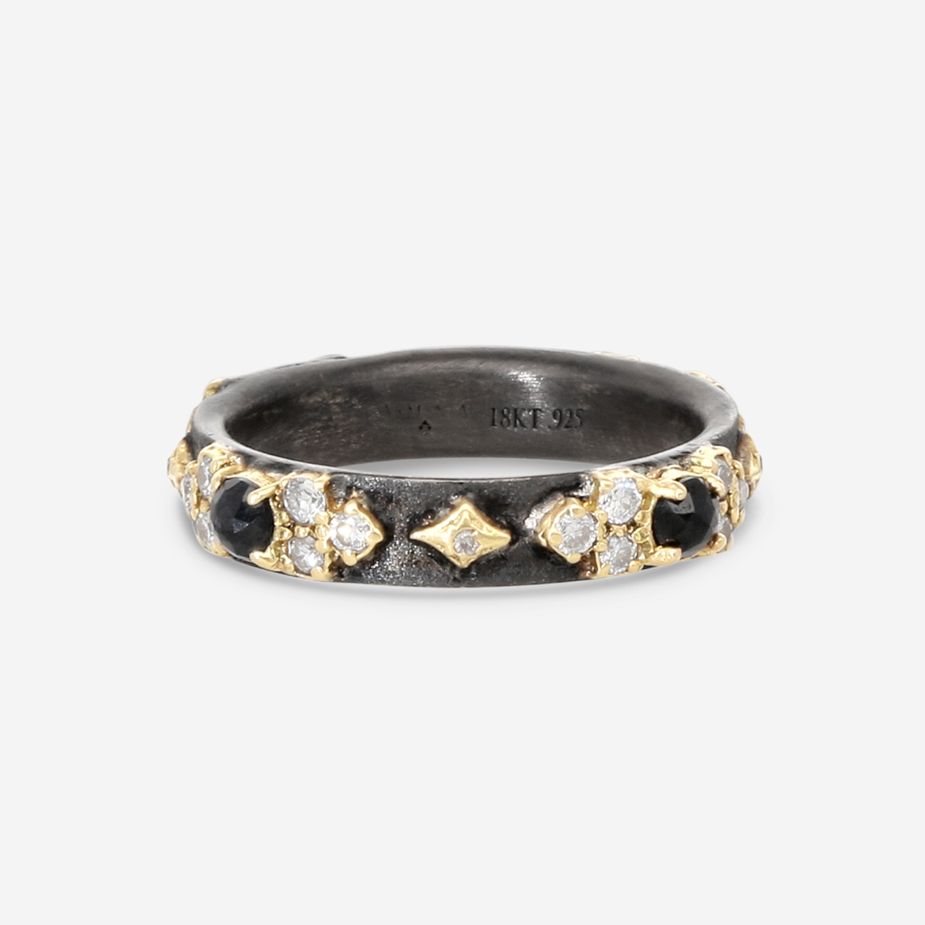 Armenta Old World 18K Yellow Gold & Blackened Sterling Silver Diamond & Black Sapphire Band Ring Sz. 7 18446