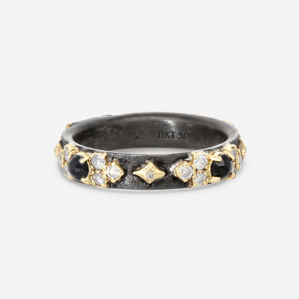 Armenta Old World 18K Yellow Gold & Blackened Sterling Silver Diamond & Black Sapphire Band Ring Sz. 7 18446