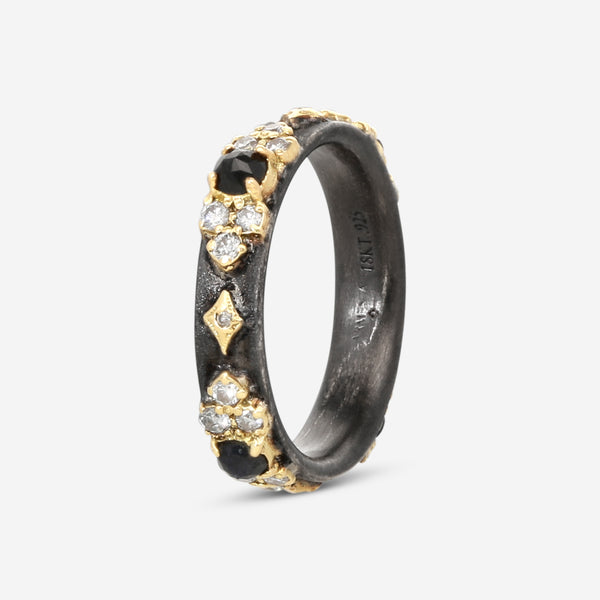 Armenta Old World 18K Yellow Gold & Blackened Sterling Silver Diamond & Black Sapphire Band Ring Sz. 7 18446