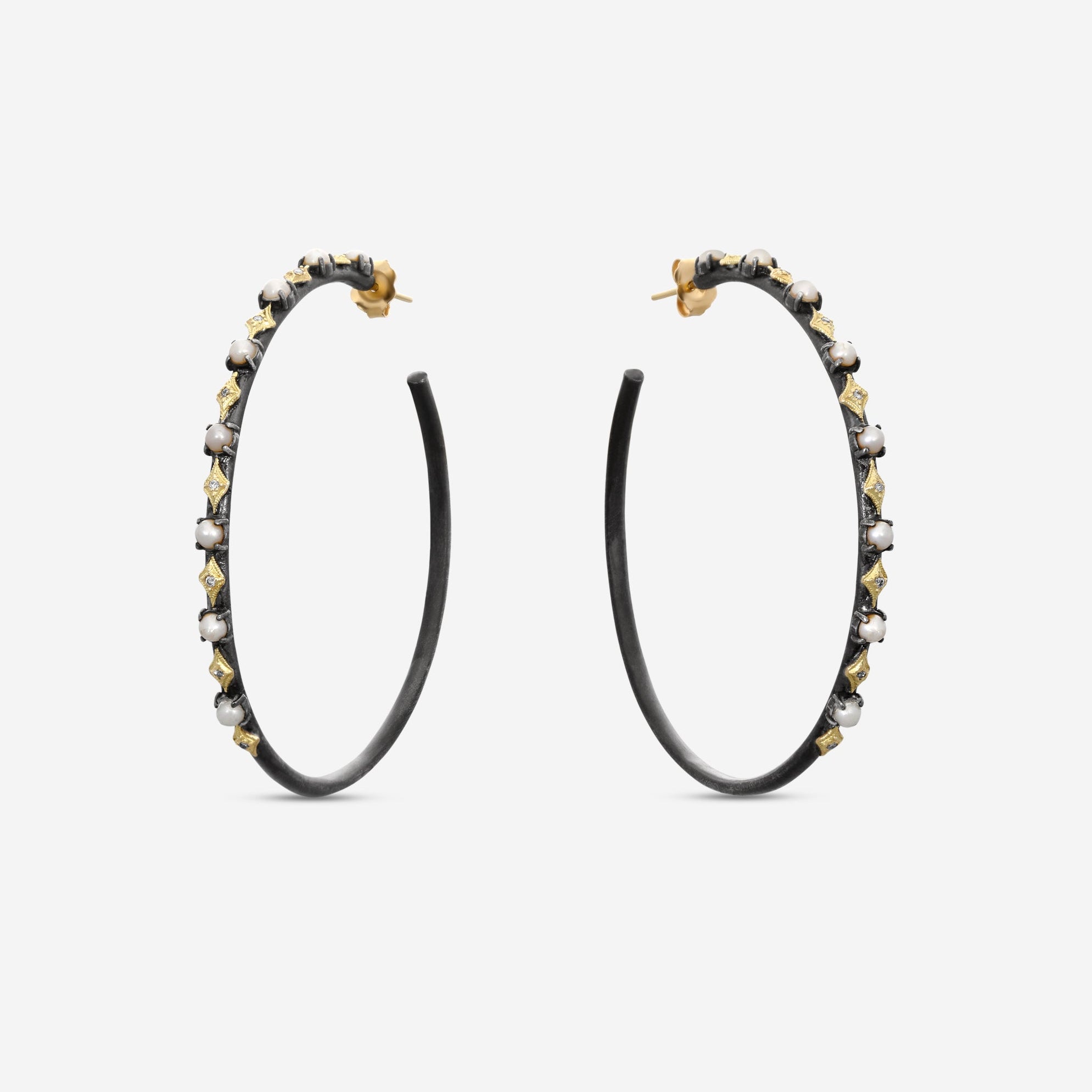 Armenta Old World 18K Yellow Gold & Blackened Sterling Silver Champagne Diamond & Pearl Hoop Earrings 18727