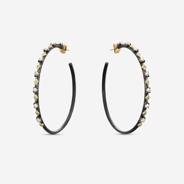 Armenta Old World 18K Yellow Gold & Blackened Sterling Silver Champagne Diamond & Pearl Hoop Earrings 18727