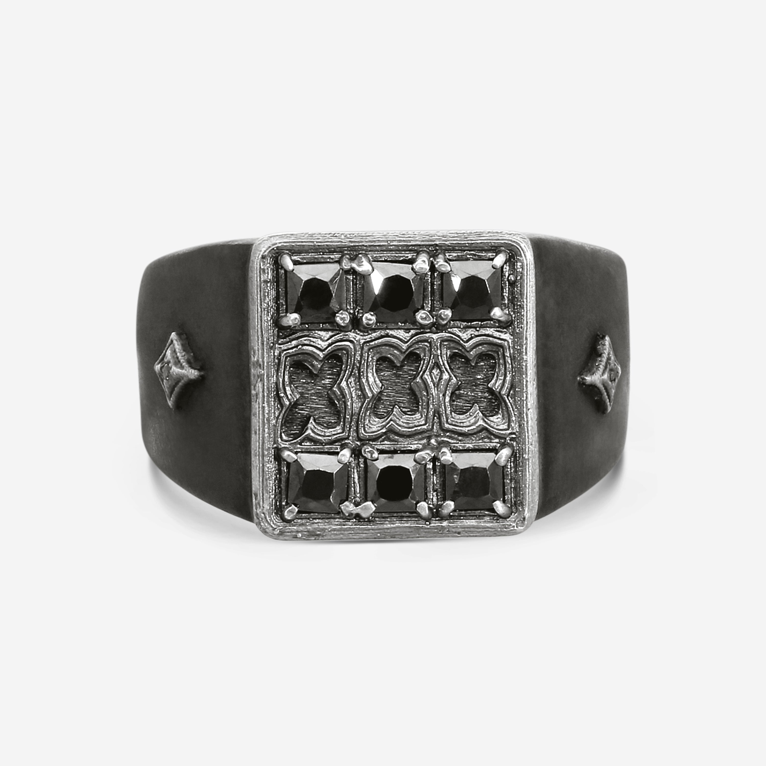 Armenta Romero Blackened & Grey Sterling Silver Champagne Diamond & Hematite Signet Ring Sz. 10 18969