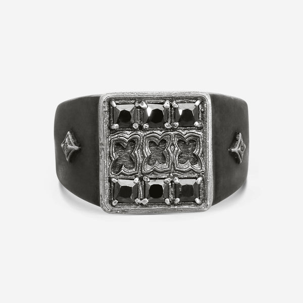 Armenta Romero Blackened & Grey Sterling Silver Champagne Diamond & Hematite Signet Ring Sz. 10 18969