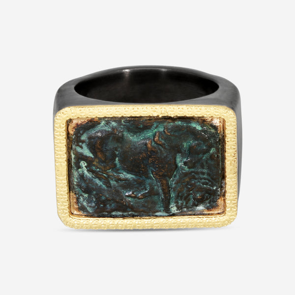 Armenta Men's 18K Yellow Gold, Blackened Sterling Silver & Brown Patina Signet Ring Sz. 10 19001