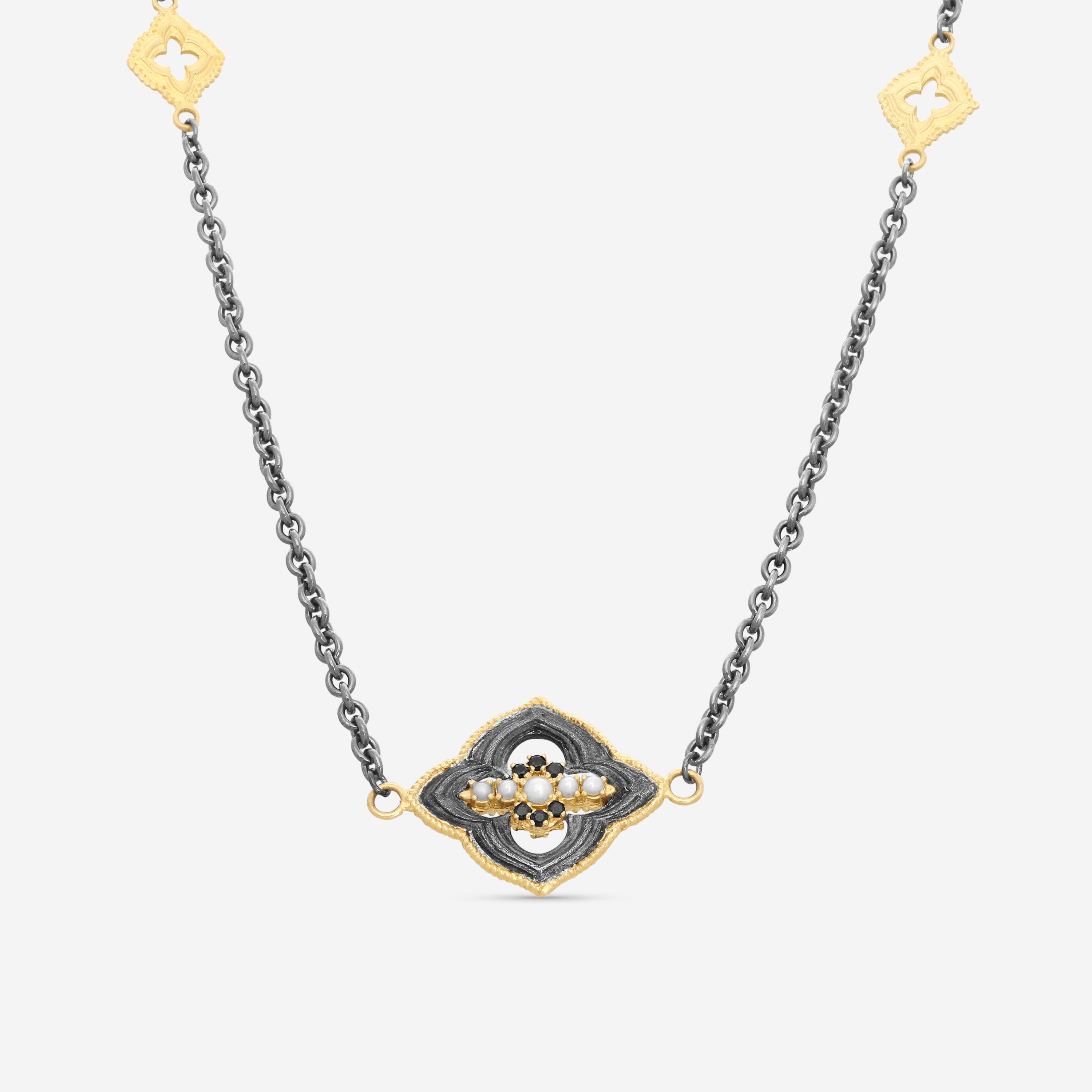 Armenta 18K Yellow Gold & Blackened Sterling Silver White Pearl & Black Sapphire Station Necklace 19581