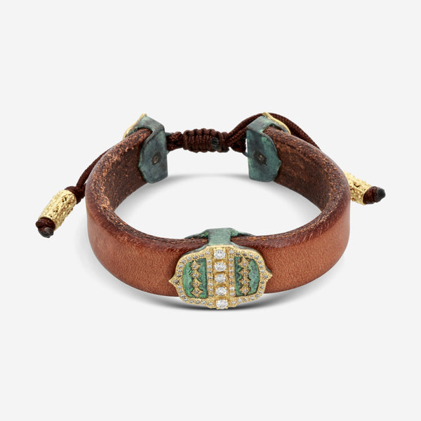 Armenta Dark Brown Leather & Green Patina Diamond Artifact Buckle Bracelet 19913 - THE SOLIST