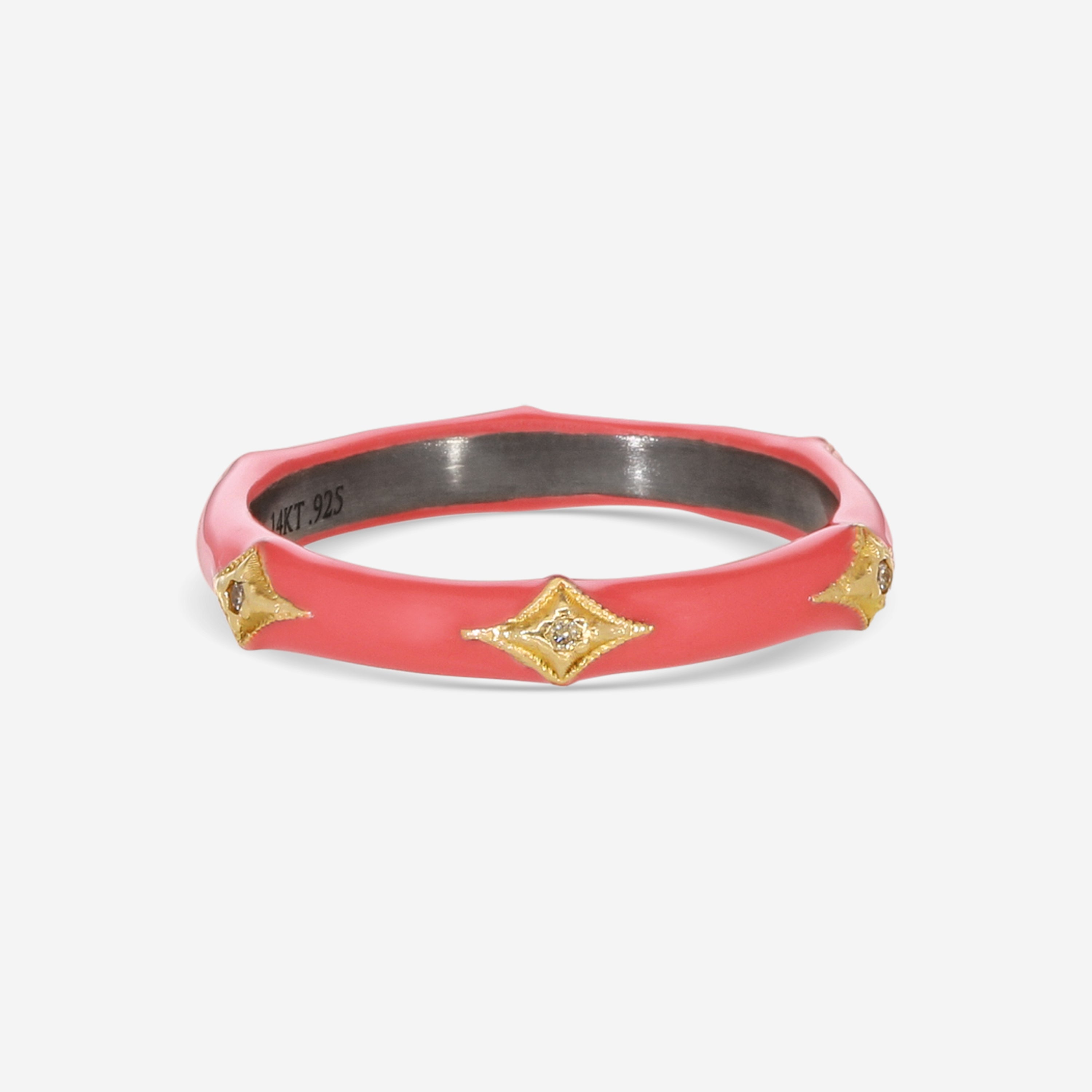 Armenta Rose World 14K Rose Gold, Grey Sterling Silver & Coral Enamel Champagne Diamond Stack Band Ring Sz. 7 15602