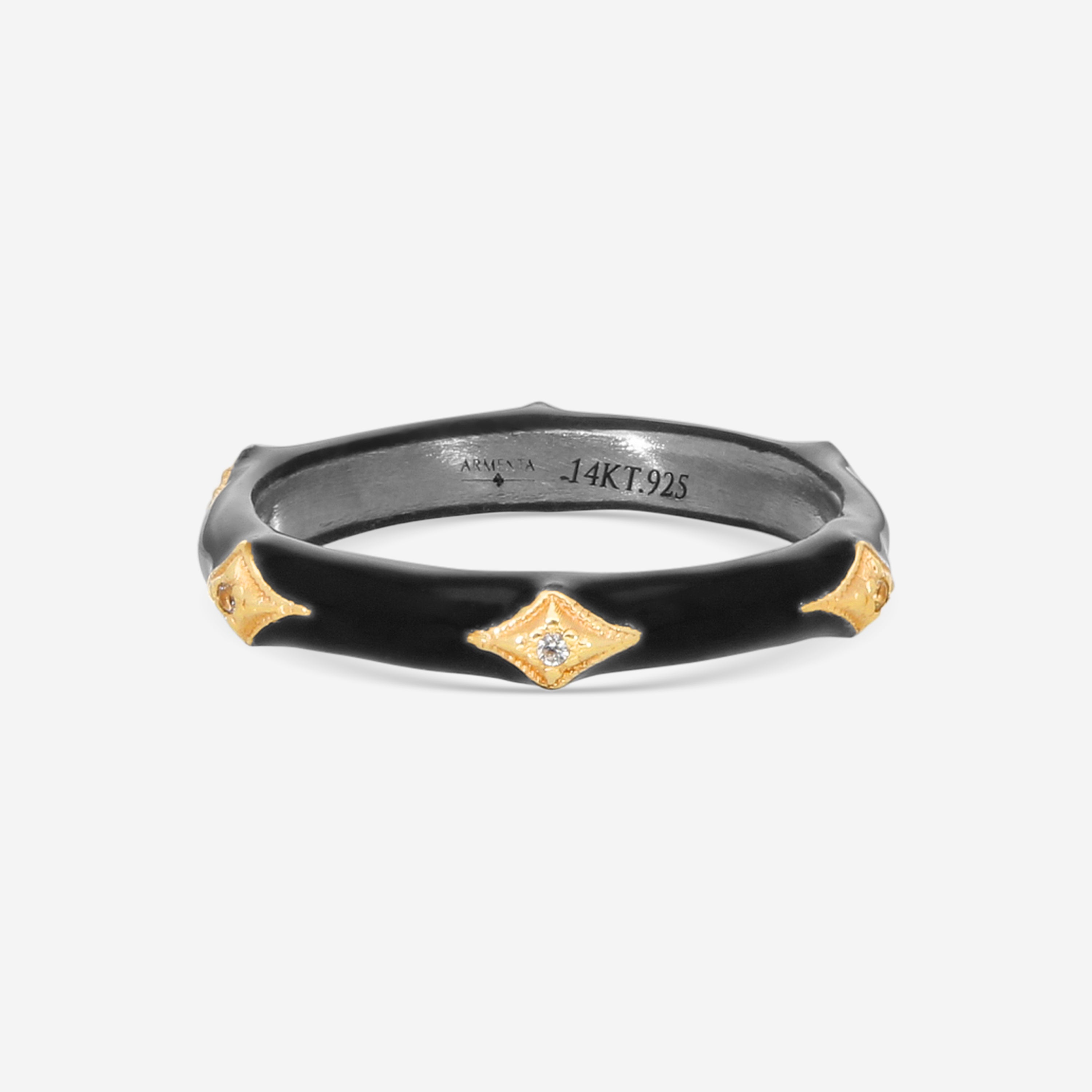 Armenta Rose World 14K Rose Gold, Grey Sterling Silver & Black Enamel White Sapphire Stack Band Ring Sz. 6.5 16141
