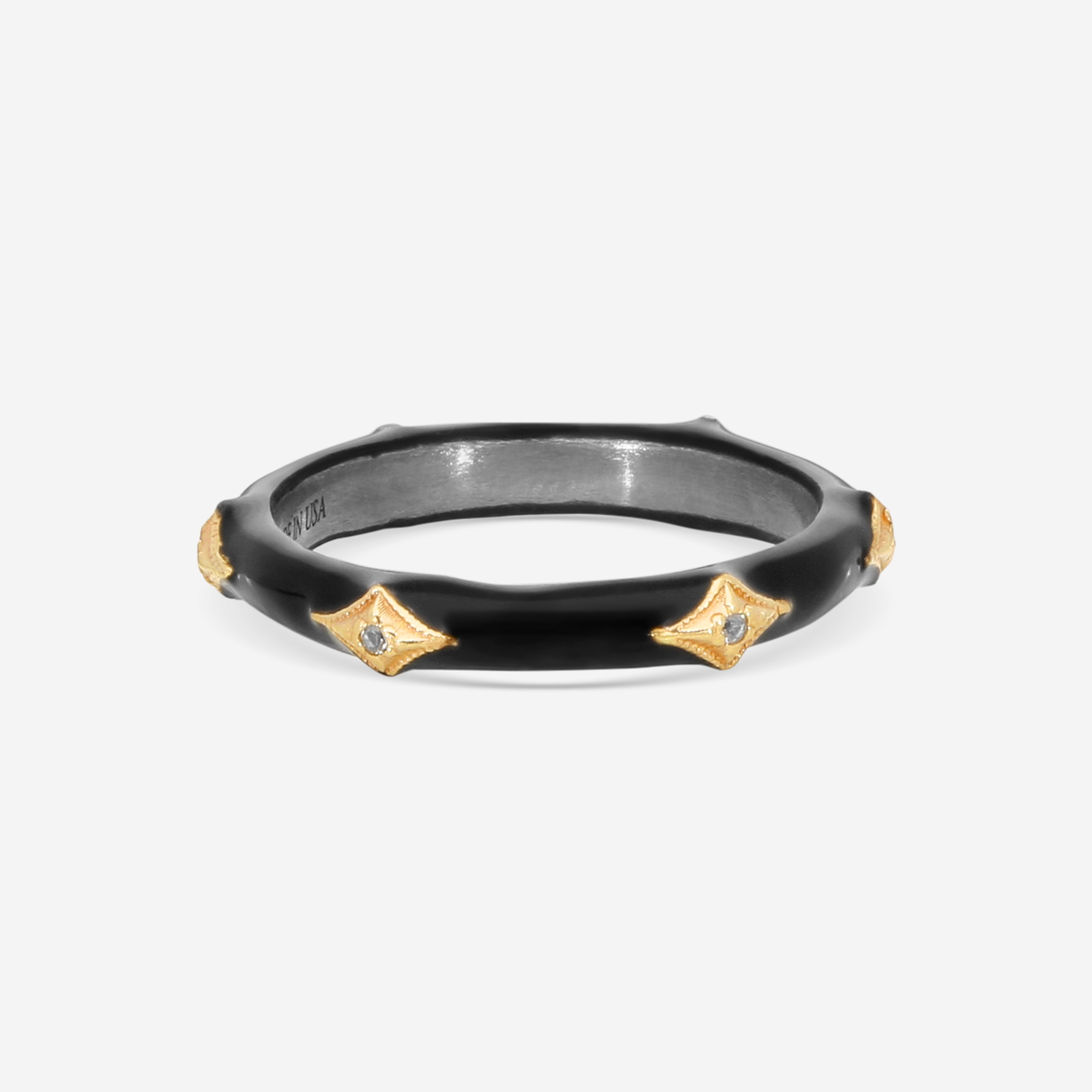 Armenta Rose World 14K Rose Gold, Grey Sterling Silver & Black Enamel White Sapphire Stack Band Ring Sz. 6.5 16141