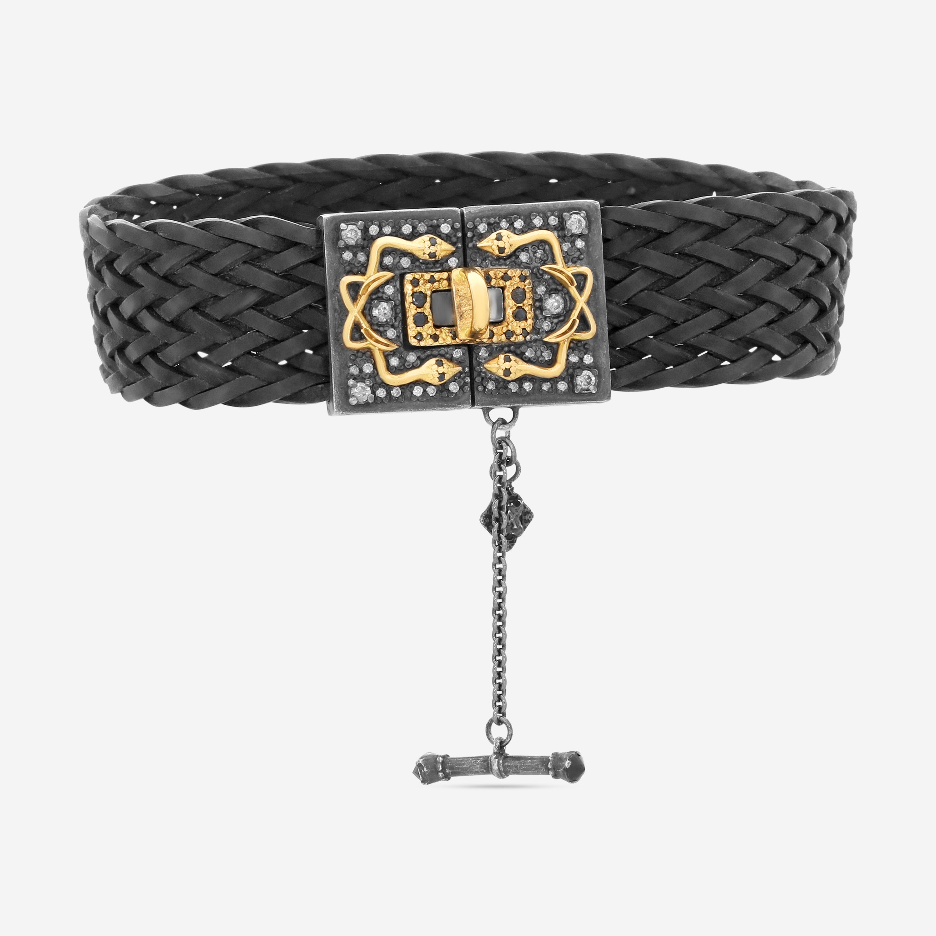 Armenta 18K Yellow Gold, Blackened Sterling Silver & Leather Black Sapphire & Champagne Diamond Bracelet 18984 - THE SOLIST