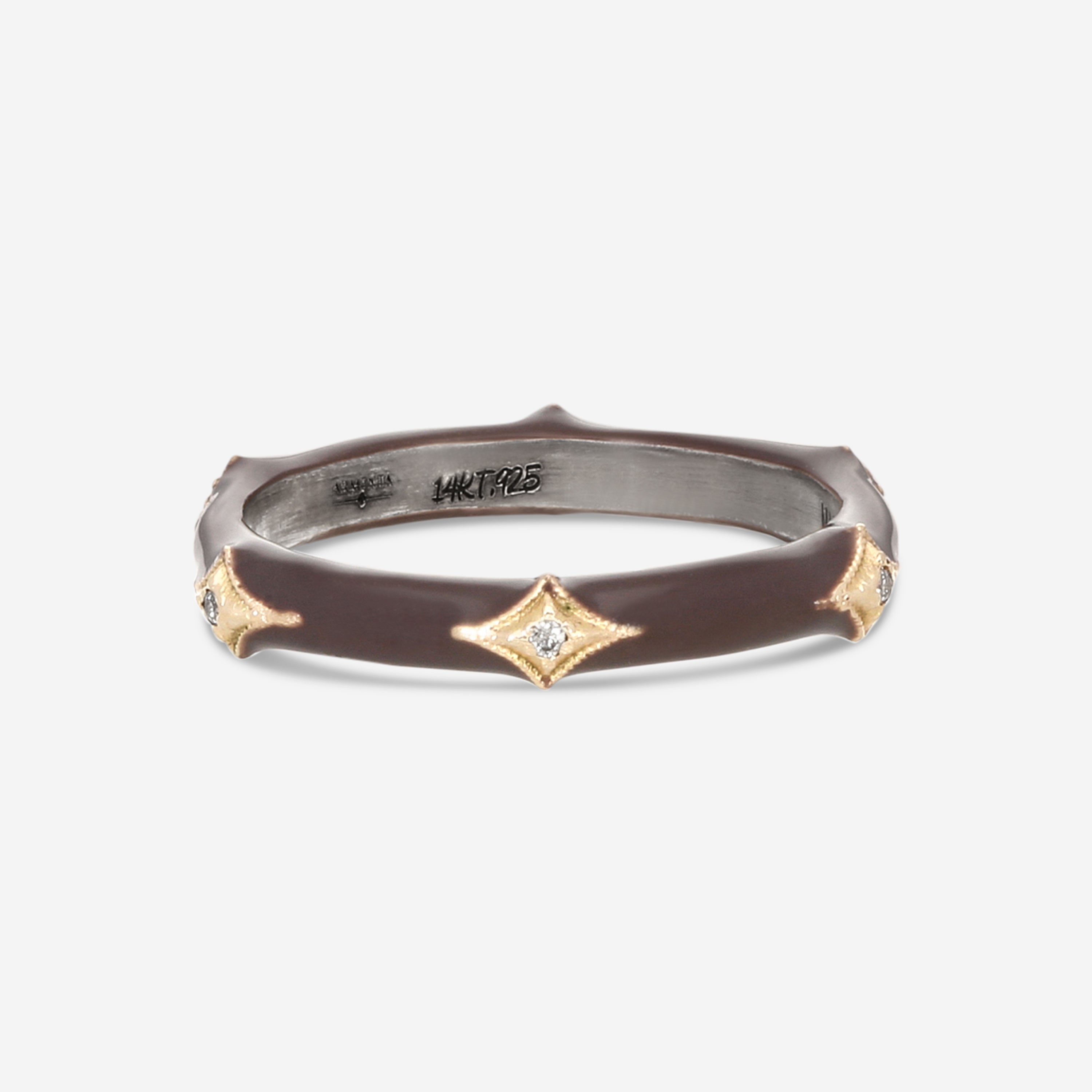 Armenta 14K Rose Gold, Blackened Sterling Silver & Light Taupe Enamel Champagne Diamond Stack Band Ring Sz. 7 21284
