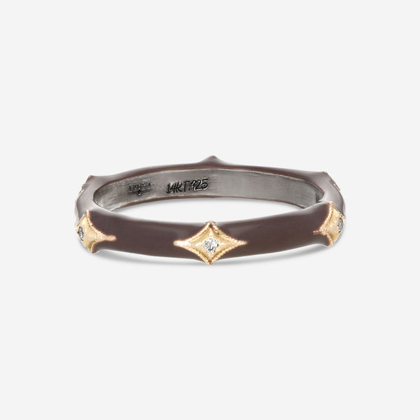 Armenta 14K Rose Gold, Blackened Sterling Silver & Light Taupe Enamel Champagne Diamond Stack Band Ring Sz. 7 21284