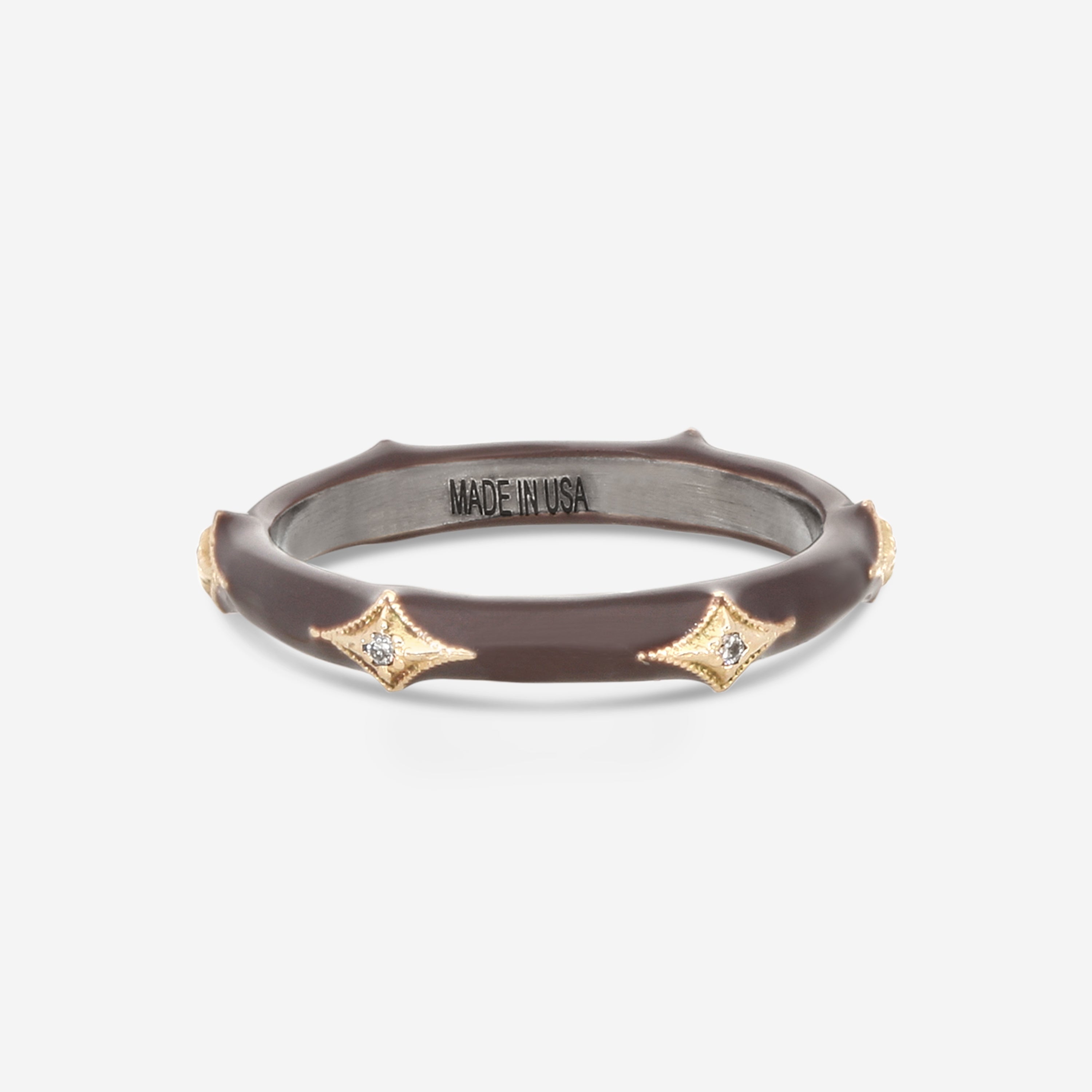 Armenta 14K Rose Gold, Blackened Sterling Silver & Light Taupe Enamel Champagne Diamond Stack Band Ring Sz. 7 21284