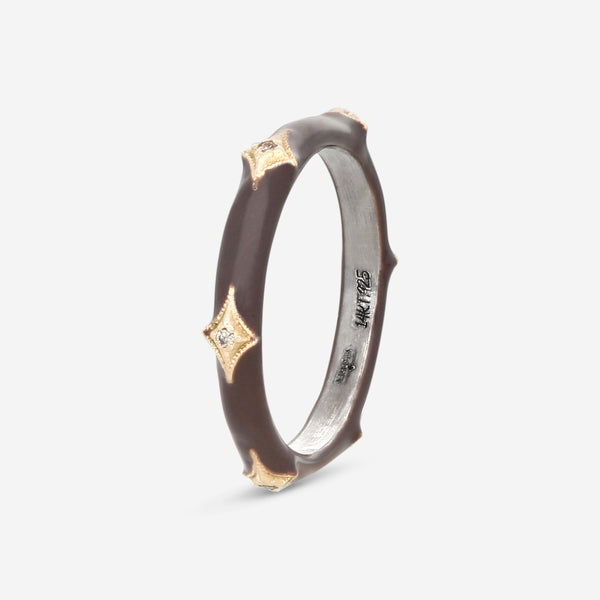 Armenta 14K Rose Gold, Blackened Sterling Silver & Light Taupe Enamel Champagne Diamond Stack Band Ring Sz. 7 21284