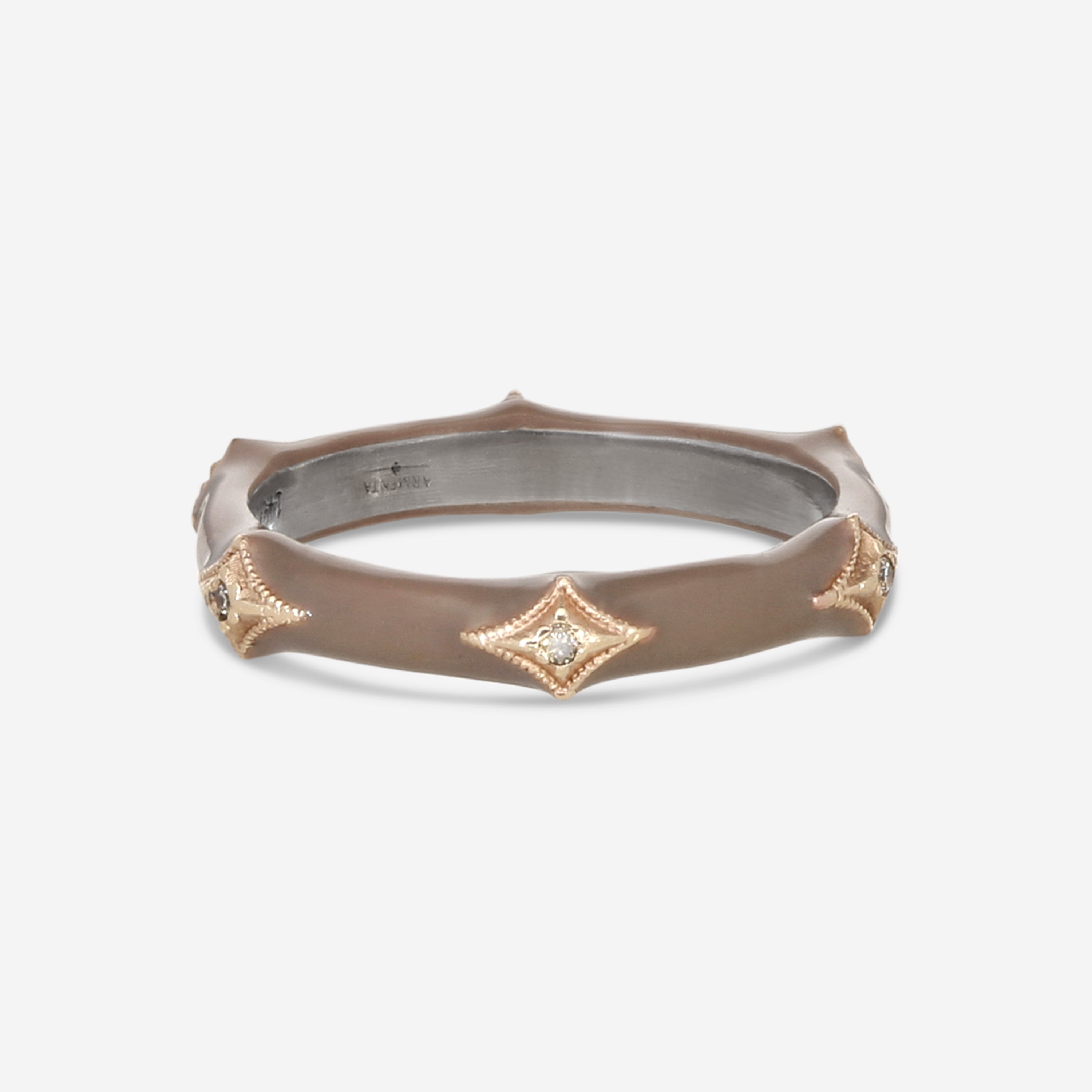 Armenta 14K Rose Gold, Blackened Sterling Silver & Enamel Champagne Diamond Stack Band Ring Sz. 5.5 21286