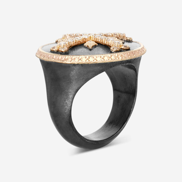 Armenta 14K Rose Gold & Grey Sterling Silver Diamond Cross Statement Ring Sz. 9 20646-1