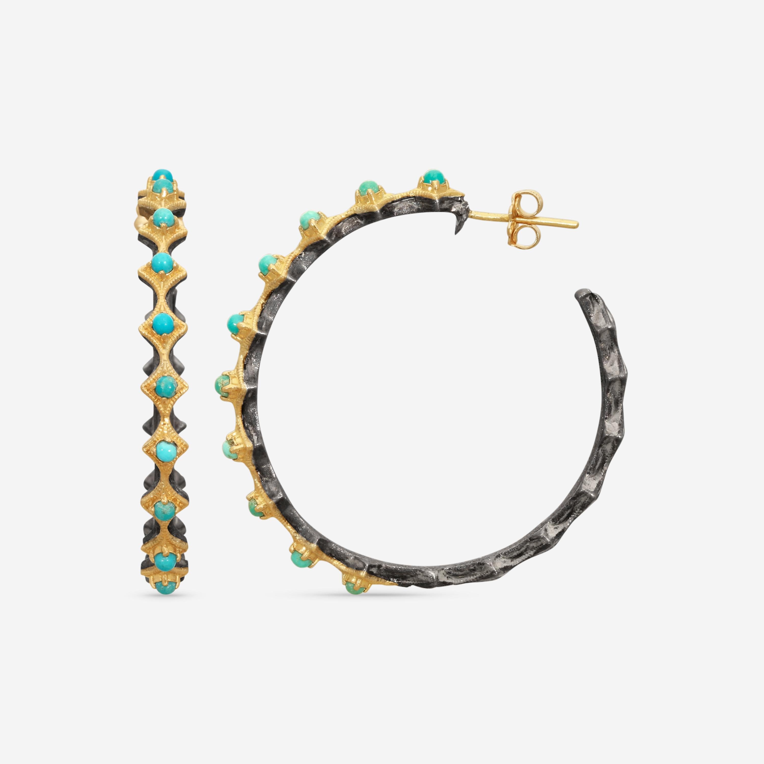 Armenta 18K Yellow & Grey Sterling Silver Turquoise Crivelli Hoop Earrings 21812