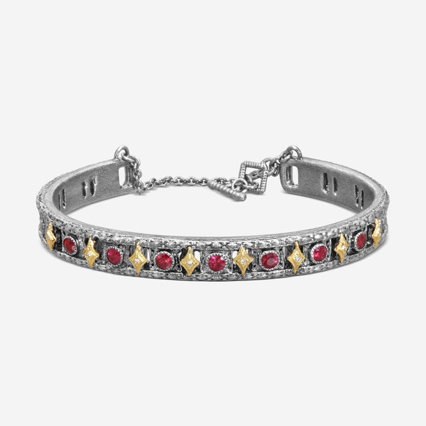 Armenta New World Grey Sterling Silver Ruby & Diamond Carved Cuff Bracelet 22749