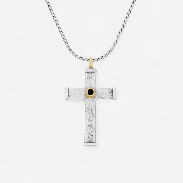 Konstantino 18K Yellow Gold & Sterling Silver Onyx Hammered Cross Pendant STKJ163-130-120